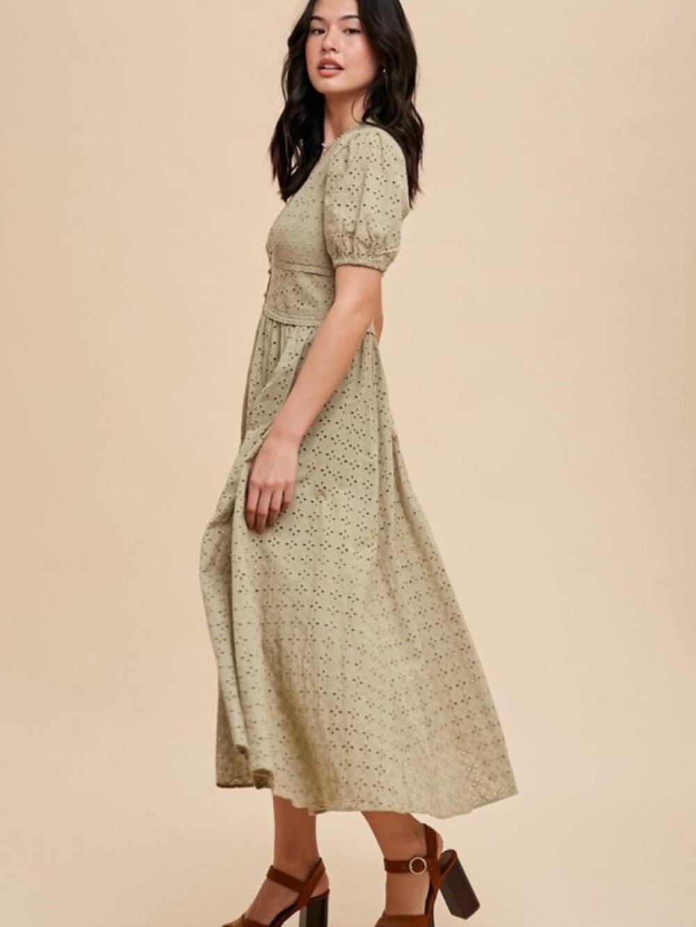 Cotton Eyelet Button Down Dress Olive Green - Picture 4 of 17